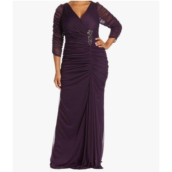 Adrianna Papell Dresses & Skirts - Adrianna Papell Aubergine Embellished 3/4 Sleeve Ruched Formal Gown Size 8